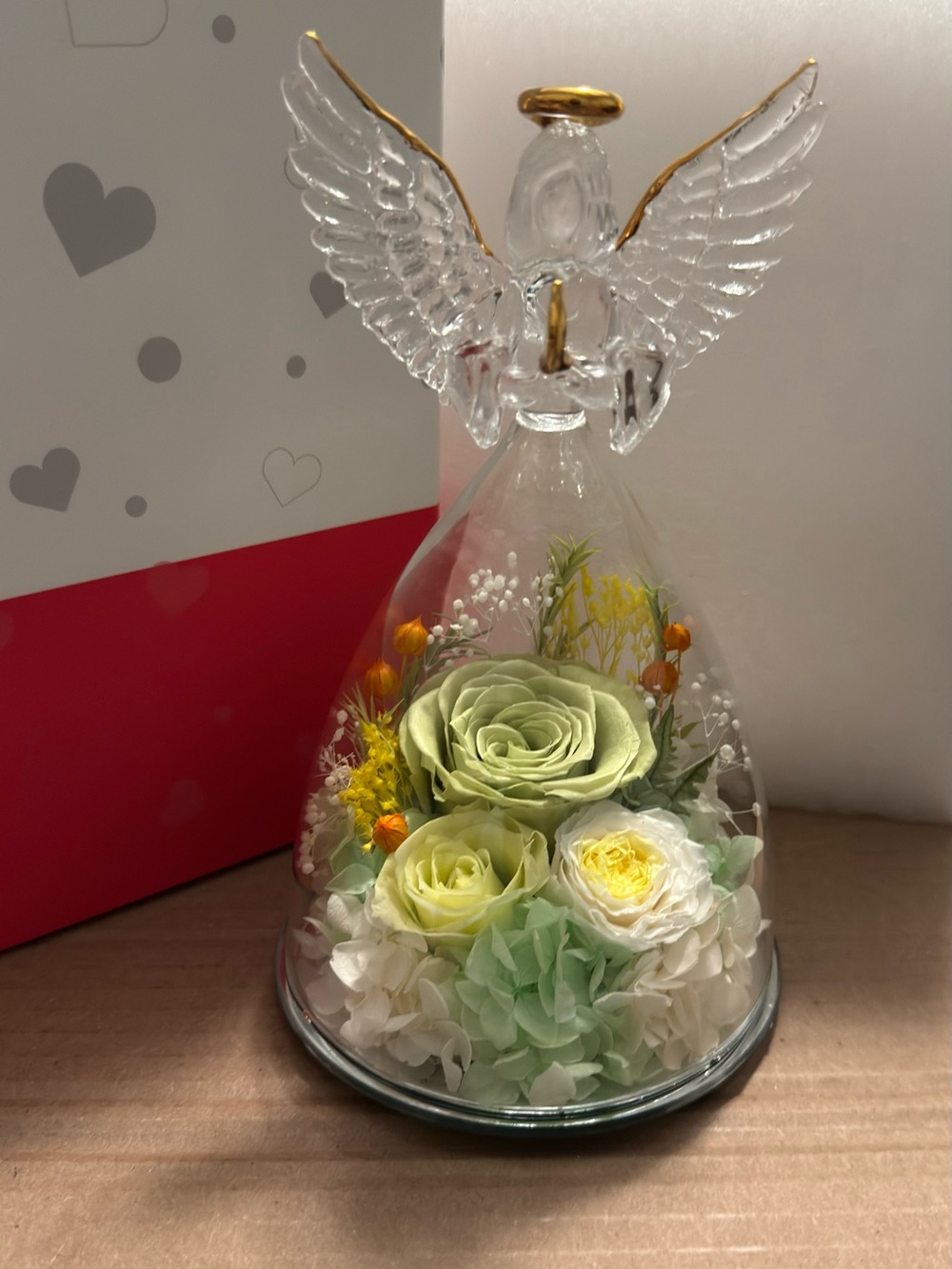 Glass Angel - Lights Up Green & White Preserved Flowers New - Mom Grandma